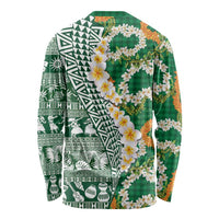 Hawaiian Plumeria Lei Long Sleeve Shirt Kakau Motifs and Palaka Half Style Green Color - Polynesian Pride