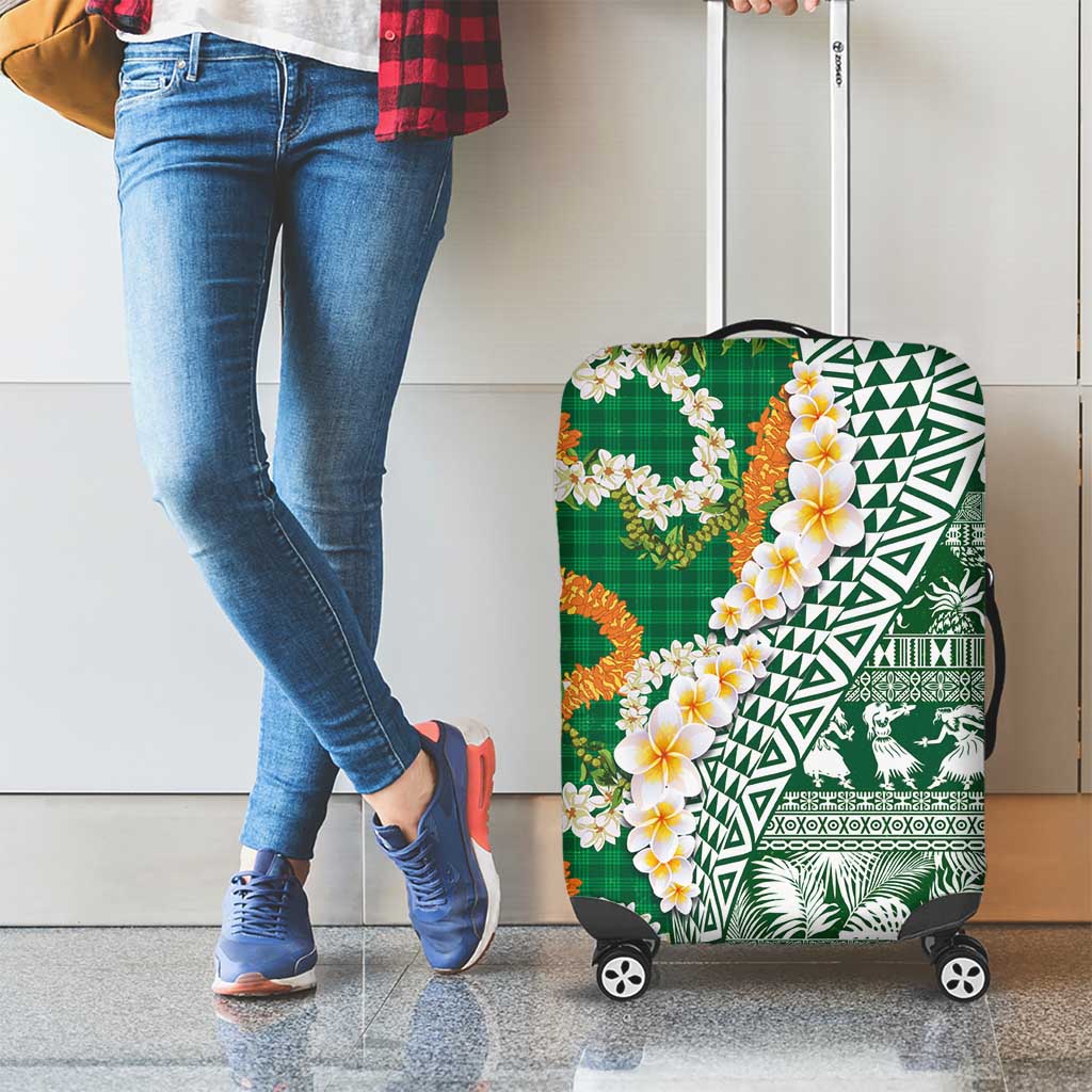 Hawaiian Plumeria Lei Luggage Cover Kakau Motifs and Palaka Half Style Green Color - Polynesian Pride