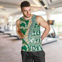 Hawaiian Plumeria Lei Men Tank Top Kakau Motifs and Palaka Half Style Green Color - Polynesian Pride
