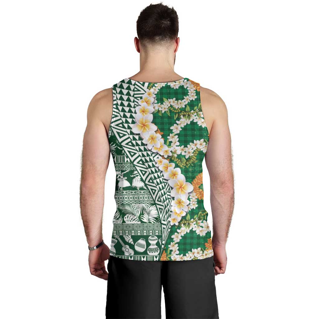 Hawaiian Plumeria Lei Men Tank Top Kakau Motifs and Palaka Half Style Green Color - Polynesian Pride
