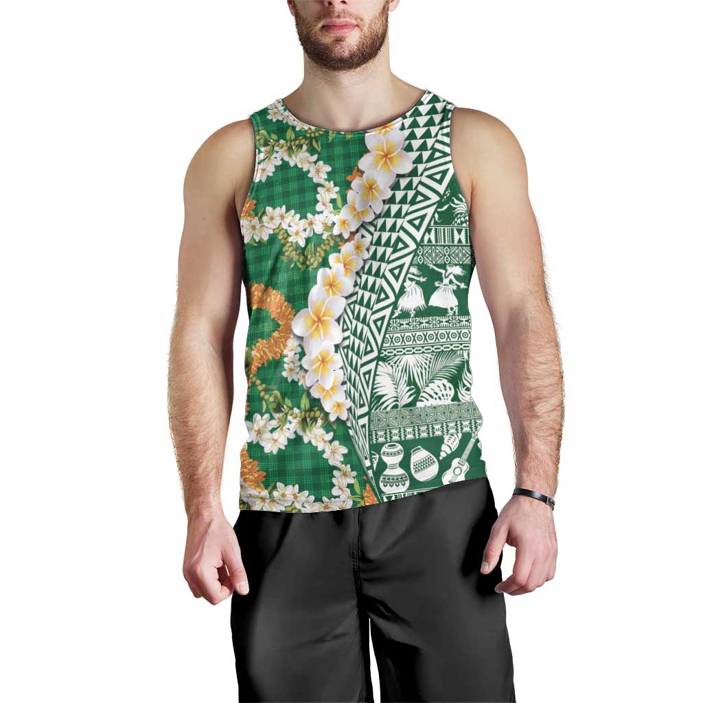 Hawaiian Plumeria Lei Men Tank Top Kakau Motifs and Palaka Half Style Green Color - Polynesian Pride