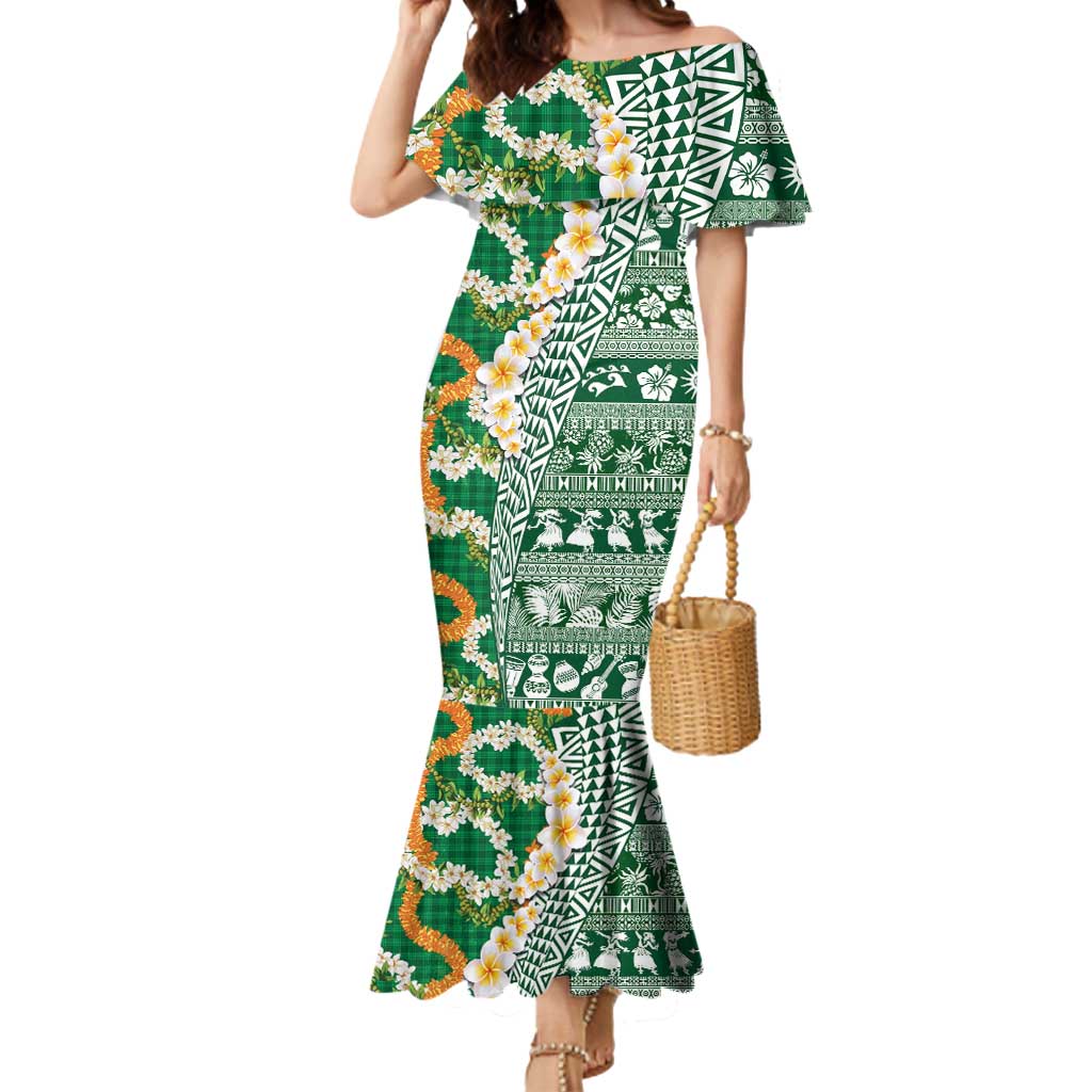 Hawaiian Plumeria Lei Mermaid Dress Kakau Motifs and Palaka Half Style Green Color - Polynesian Pride