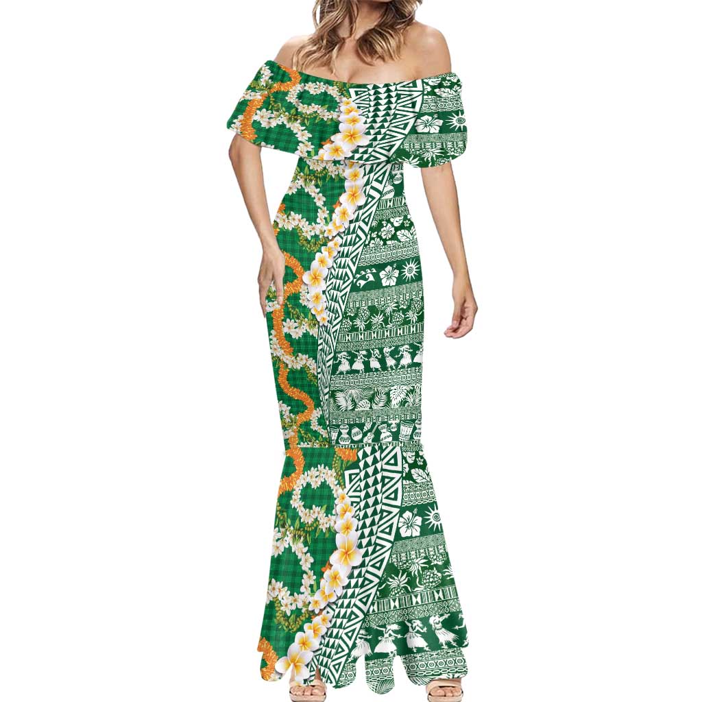 Hawaiian Plumeria Lei Mermaid Dress Kakau Motifs and Palaka Half Style Green Color - Polynesian Pride