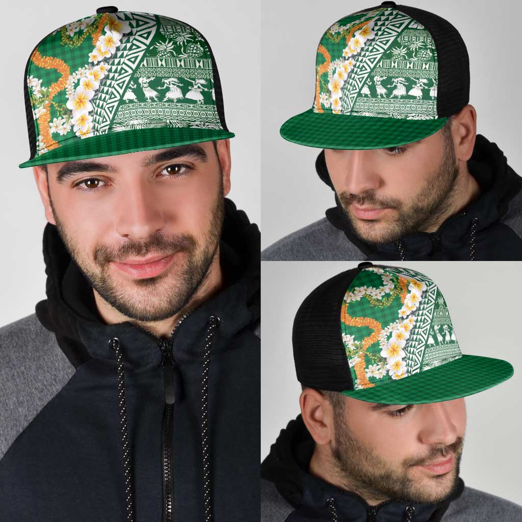 Hawaiian Plumeria Lei Mesh Trucker Cap Kakau Motifs and Palaka Half Style Green Color - Polynesian Pride