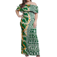 Hawaiian Plumeria Lei Off Shoulder Maxi Dress Kakau Motifs and Palaka Half Style Green Color - Polynesian Pride