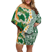 Hawaiian Plumeria Lei Off Shoulder Short Dress Kakau Motifs and Palaka Half Style Green Color - Polynesian Pride