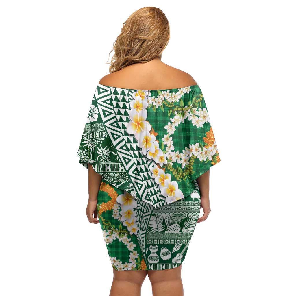 Hawaiian Plumeria Lei Off Shoulder Short Dress Kakau Motifs and Palaka Half Style Green Color - Polynesian Pride