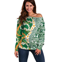 Hawaiian Plumeria Lei Off Shoulder Sweater Kakau Motifs and Palaka Half Style Green Color - Polynesian Pride