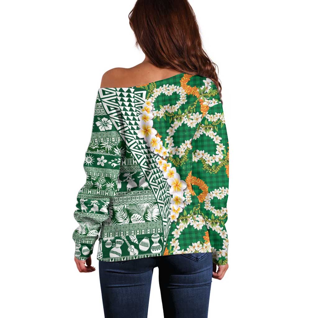 Hawaiian Plumeria Lei Off Shoulder Sweater Kakau Motifs and Palaka Half Style Green Color - Polynesian Pride