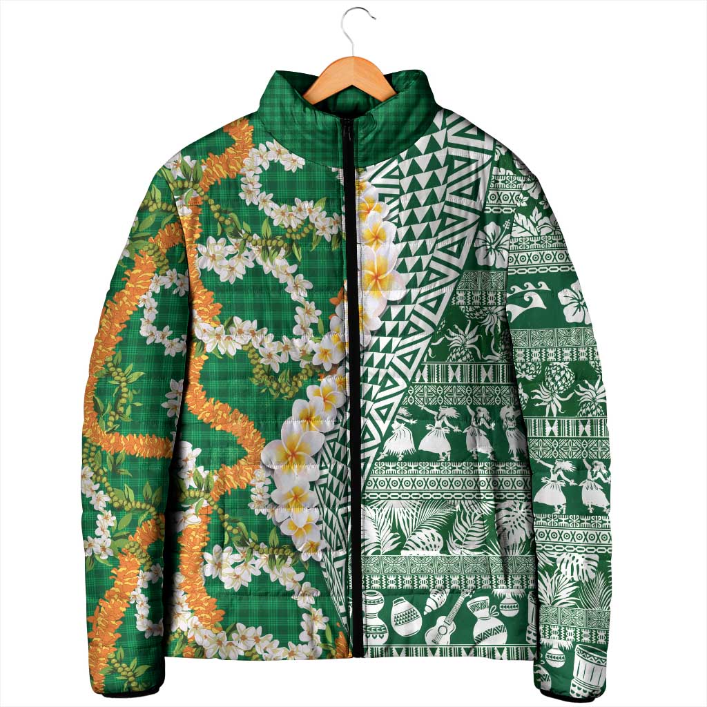 Hawaiian Plumeria Lei Padded Jacket Kakau Motifs and Palaka Half Style Green Color - Polynesian Pride