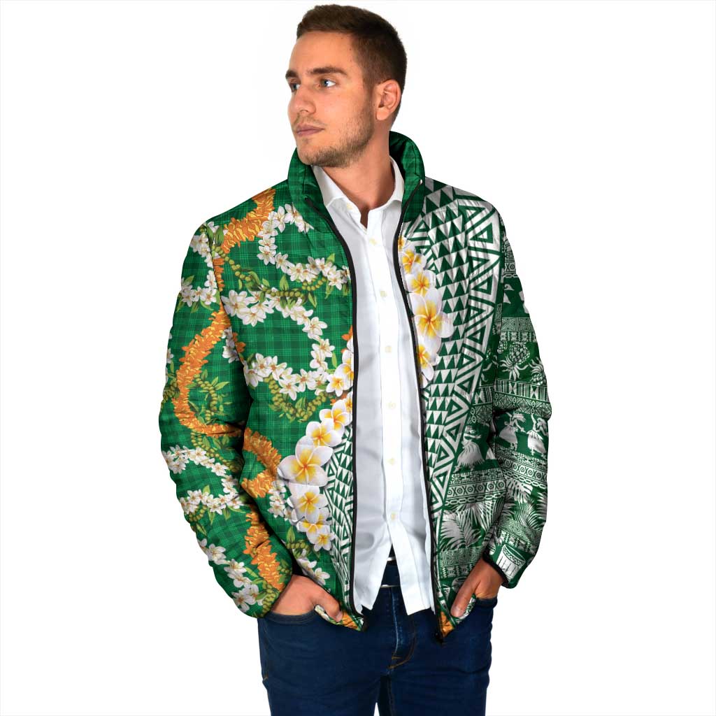 Hawaiian Plumeria Lei Padded Jacket Kakau Motifs and Palaka Half Style Green Color - Polynesian Pride