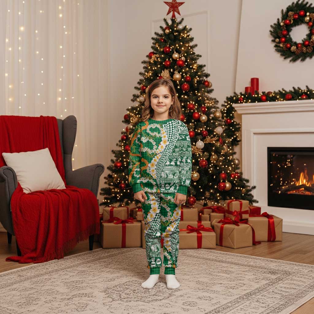 Hawaiian Plumeria Lei Christmas Pajama Set Kakau Motifs and Palaka Half Style Green Color - Polynesian Pride