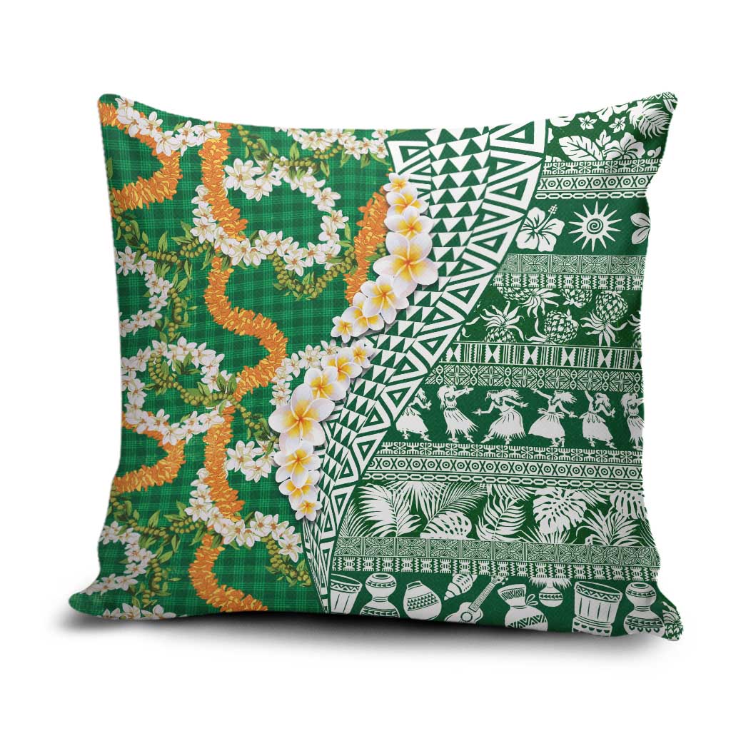 Hawaiian Plumeria Lei Pillow Cover Kakau Motifs and Palaka Half Style Green Color - Polynesian Pride