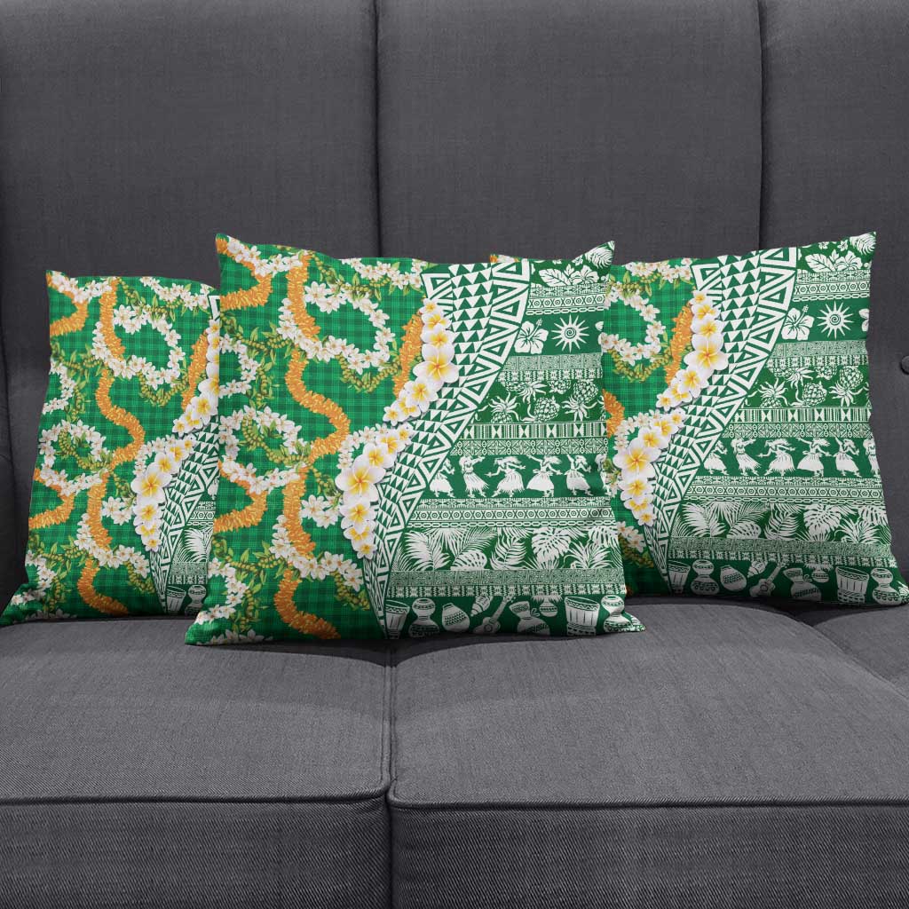 Hawaiian Plumeria Lei Pillow Cover Kakau Motifs and Palaka Half Style Green Color - Polynesian Pride