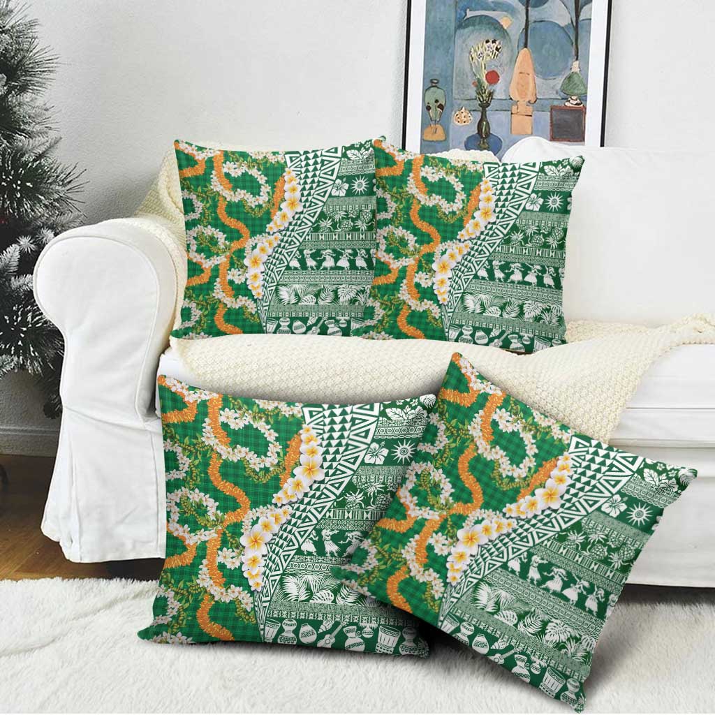 Hawaiian Plumeria Lei Pillow Cover Kakau Motifs and Palaka Half Style Green Color - Polynesian Pride