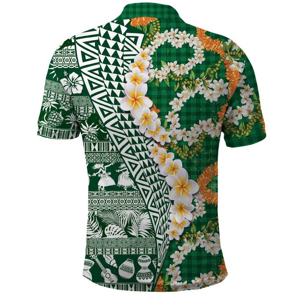 Hawaiian Plumeria Lei Polo Shirt Kakau Motifs and Palaka Half Style Green Color - Polynesian Pride