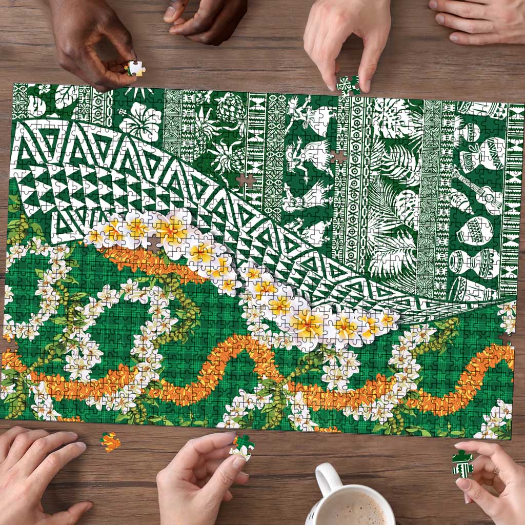 Hawaiian Plumeria Lei Puzzle Kakau Motifs and Palaka Half Style Green Color - Polynesian Pride
