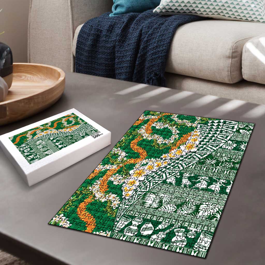 Hawaiian Plumeria Lei Puzzle Kakau Motifs and Palaka Half Style Green Color - Polynesian Pride