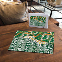 Hawaiian Plumeria Lei Puzzle Kakau Motifs and Palaka Half Style Green Color - Polynesian Pride