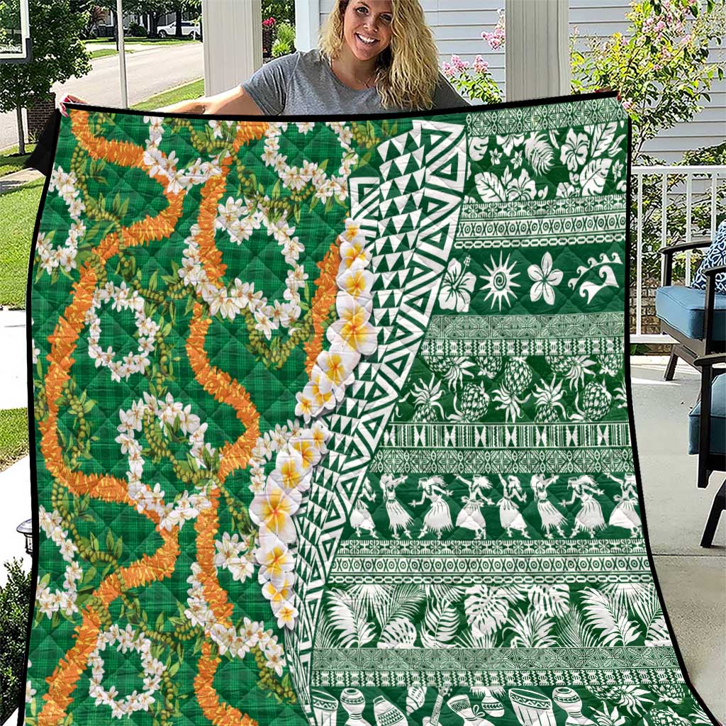 Hawaiian Plumeria Lei Quilt Kakau Motifs and Palaka Half Style Green Color LT03 Green - Polynesian Pride