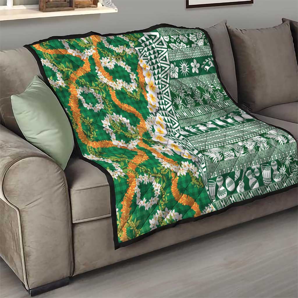 Hawaiian Plumeria Lei Quilt Kakau Motifs and Palaka Half Style Green Color - Polynesian Pride