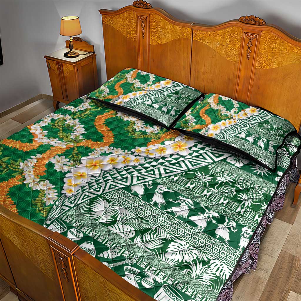 Hawaiian Plumeria Lei Quilt Bed Set Kakau Motifs and Palaka Half Style Green Color - Polynesian Pride