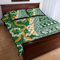 Hawaiian Plumeria Lei Quilt Bed Set Kakau Motifs and Palaka Half Style Green Color - Polynesian Pride