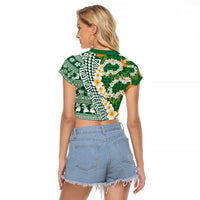 Hawaiian Plumeria Lei Raglan Cropped T Shirt Kakau Motifs and Palaka Half Style Green Color - Polynesian Pride