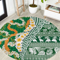 Hawaiian Plumeria Lei Round Carpet Kakau Motifs and Palaka Half Style Green Color - Polynesian Pride