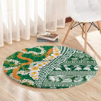 Hawaiian Plumeria Lei Round Carpet Kakau Motifs and Palaka Half Style Green Color - Polynesian Pride