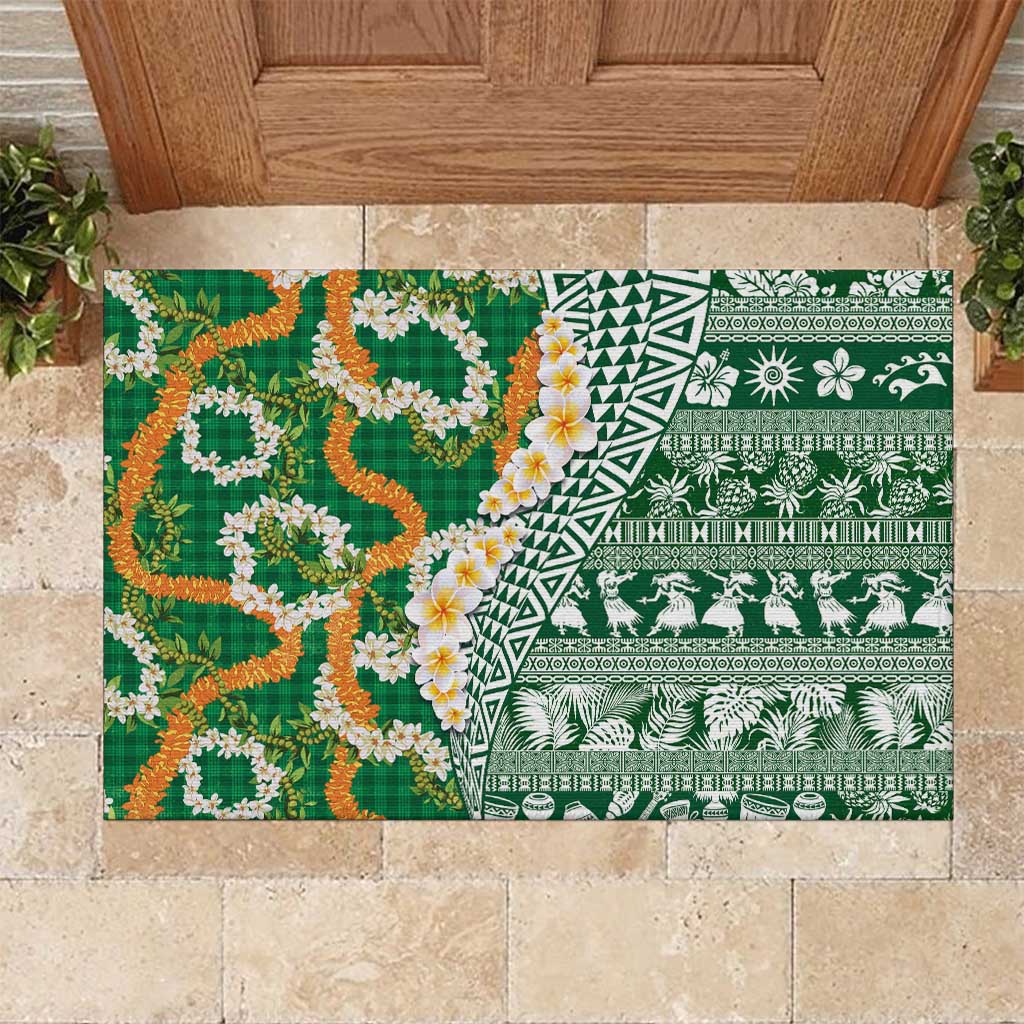 Hawaiian Plumeria Lei Rubber Doormat Kakau Motifs and Palaka Half Style Green Color - Polynesian Pride