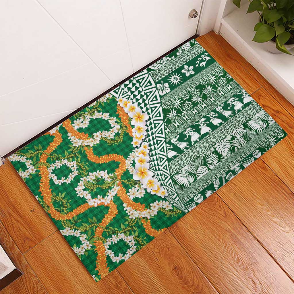 Hawaiian Plumeria Lei Rubber Doormat Kakau Motifs and Palaka Half Style Green Color - Polynesian Pride