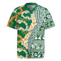 Hawaiian Plumeria Lei Rugby Jersey Kakau Motifs and Palaka Half Style Green Color - Polynesian Pride
