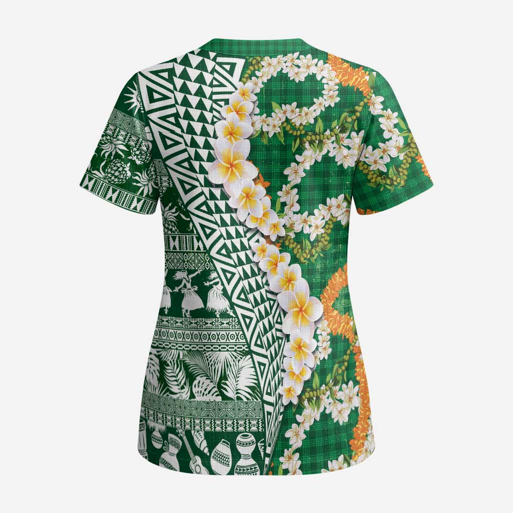 Hawaiian Plumeria Lei Scrub Top Kakau Motifs and Palaka Half Style Green Color - Polynesian Pride