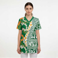 Hawaiian Plumeria Lei Scrub Top Kakau Motifs and Palaka Half Style Green Color - Polynesian Pride