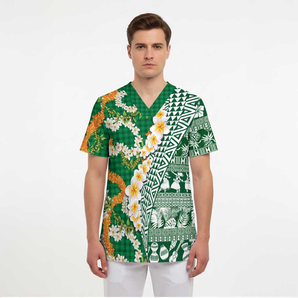 Hawaiian Plumeria Lei Scrub Top Kakau Motifs and Palaka Half Style Green Color - Polynesian Pride
