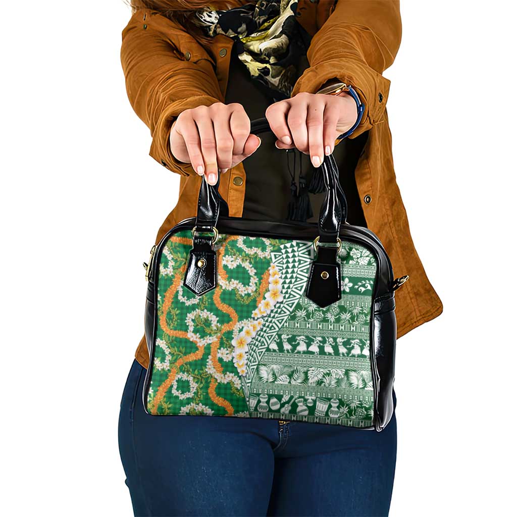 Hawaiian Plumeria Lei Shoulder Handbag Kakau Motifs and Palaka Half Style Green Color - Polynesian Pride