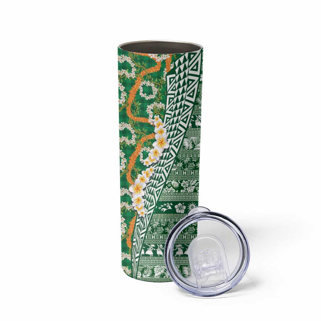 Hawaiian Plumeria Lei Skinny Tumbler Kakau Motifs and Palaka Half Style Green Color - Polynesian Pride