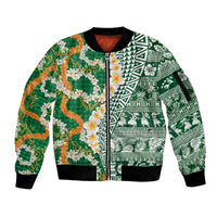 Hawaiian Plumeria Lei Sleeve Zip Bomber Jacket Kakau Motifs and Palaka Half Style Green Color - Polynesian Pride