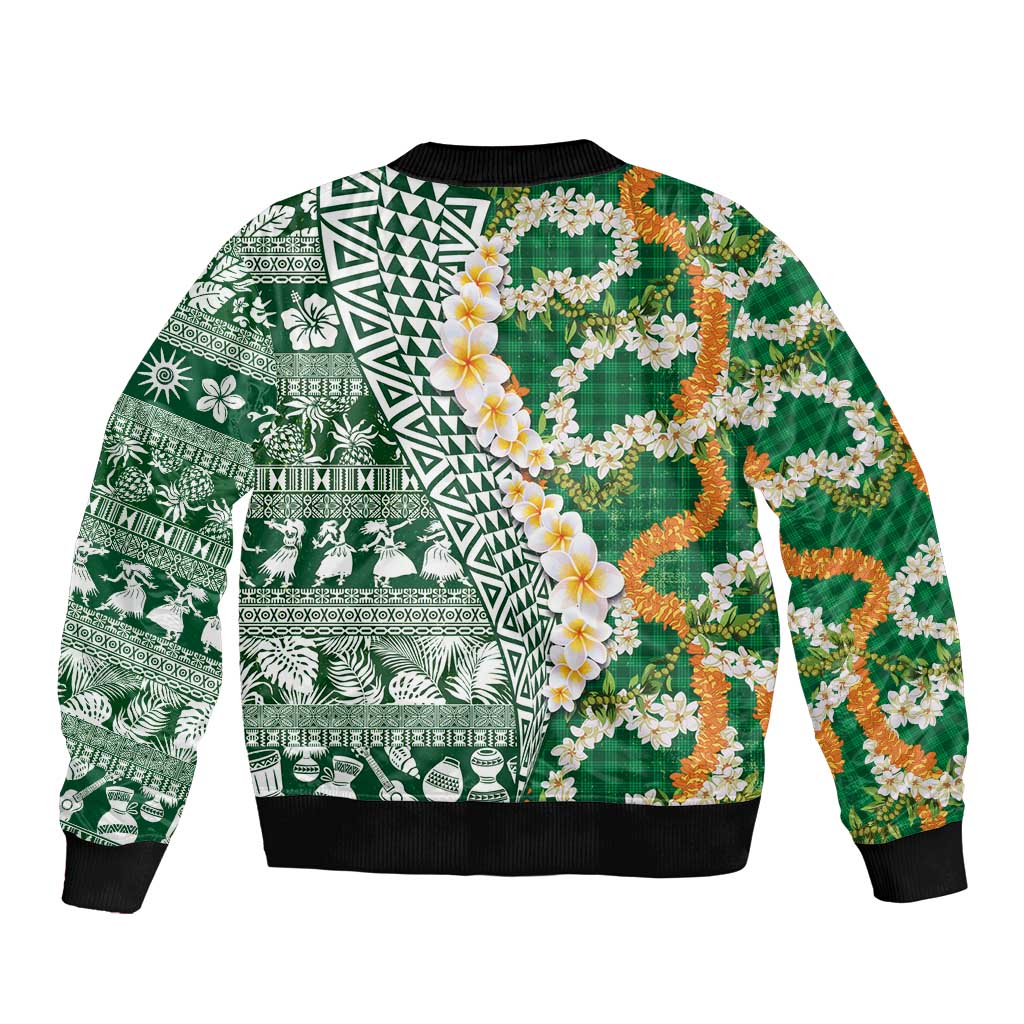 Hawaiian Plumeria Lei Sleeve Zip Bomber Jacket Kakau Motifs and Palaka Half Style Green Color - Polynesian Pride