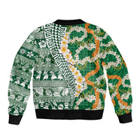 Hawaiian Plumeria Lei Sleeve Zip Bomber Jacket Kakau Motifs and Palaka Half Style Green Color - Polynesian Pride