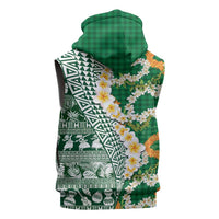 Hawaiian Plumeria Lei Sleeveless Hoodie Kakau Motifs and Palaka Half Style Green Color - Polynesian Pride
