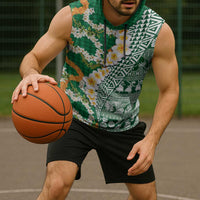 Hawaiian Plumeria Lei Sleeveless Hoodie Kakau Motifs and Palaka Half Style Green Color - Polynesian Pride