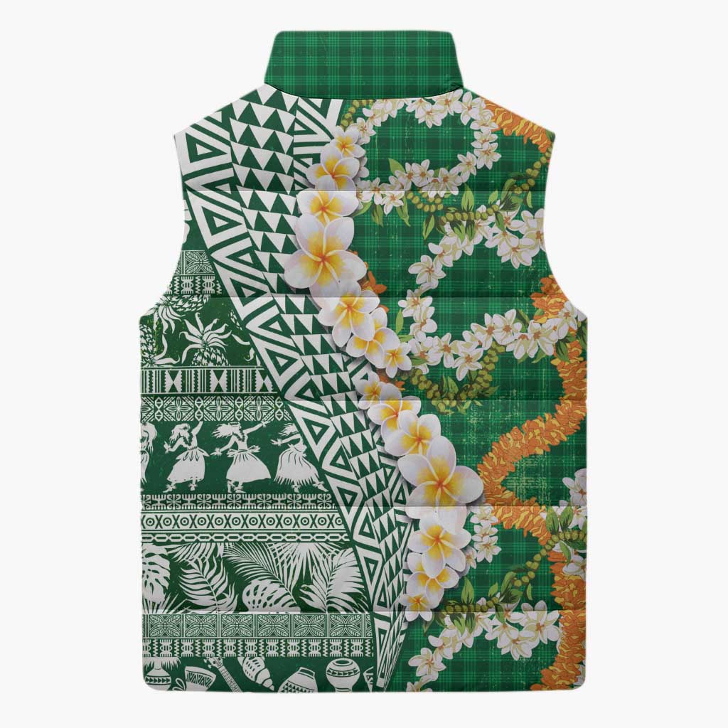Hawaiian Plumeria Lei Sleeveless Puffer Jacket Kakau Motifs and Palaka Half Style Green Color - Polynesian Pride
