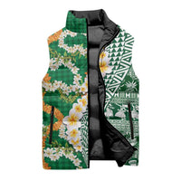 Hawaiian Plumeria Lei Sleeveless Puffer Jacket Kakau Motifs and Palaka Half Style Green Color - Polynesian Pride