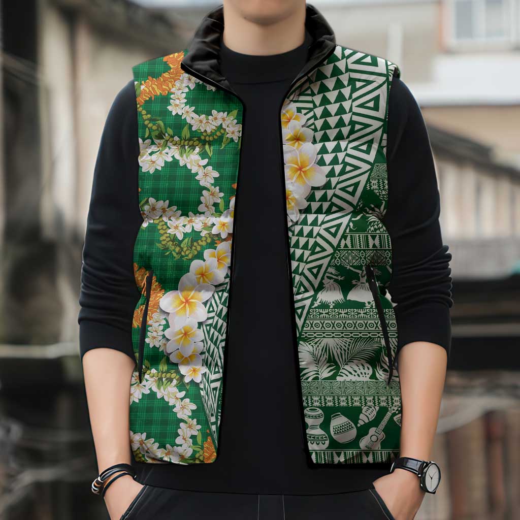 Hawaiian Plumeria Lei Sleeveless Puffer Jacket Kakau Motifs and Palaka Half Style Green Color - Polynesian Pride