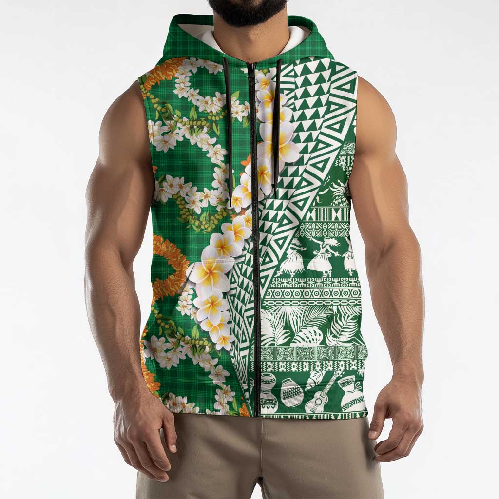 Hawaiian Plumeria Lei Sleeveless Zip Hoodie Kakau Motifs and Palaka Half Style Green Color - Polynesian Pride
