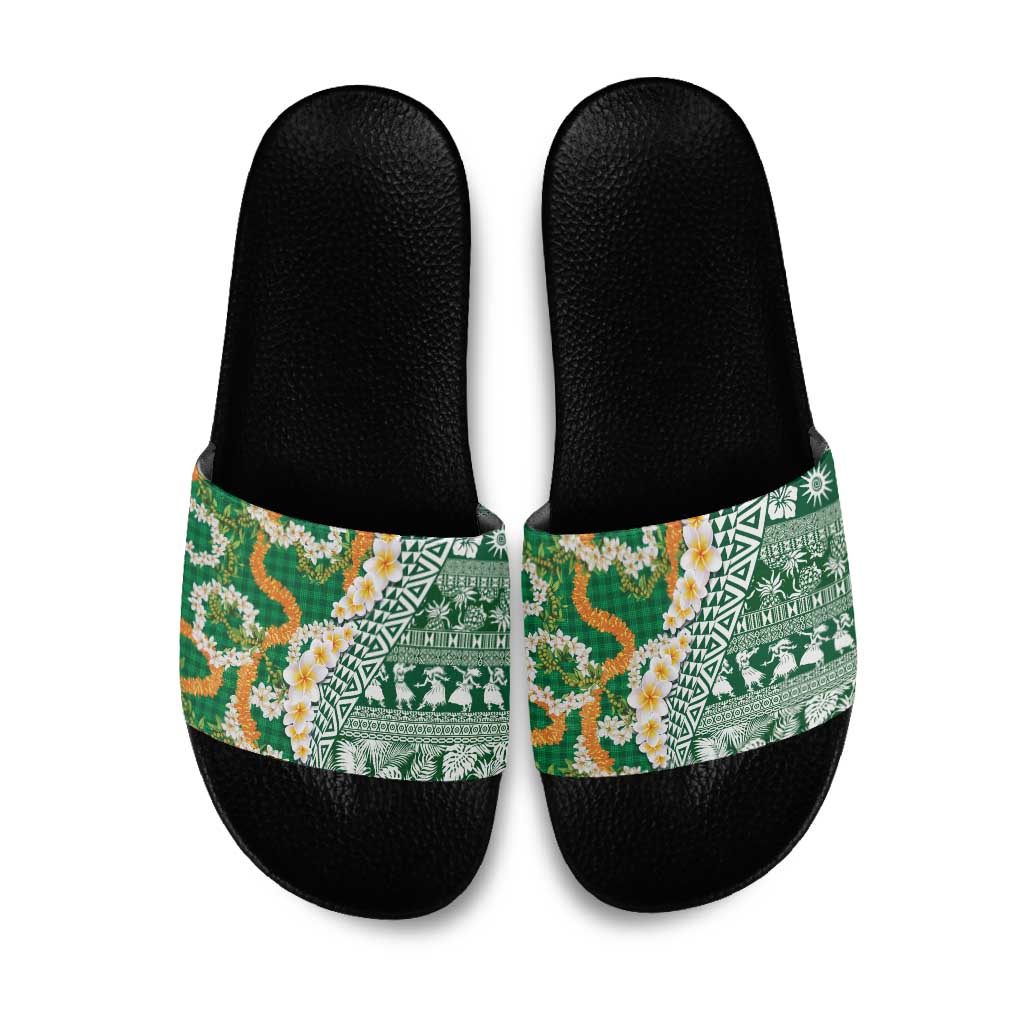 Hawaiian Plumeria Lei Slide Sandals Kakau Motifs and Palaka Half Style Green Color LT03 Green - Polynesian Pride