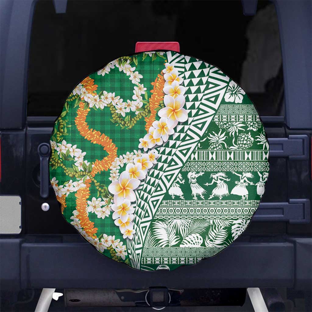 Hawaiian Plumeria Lei Spare Tire Cover Kakau Motifs and Palaka Half Style Green Color - Polynesian Pride