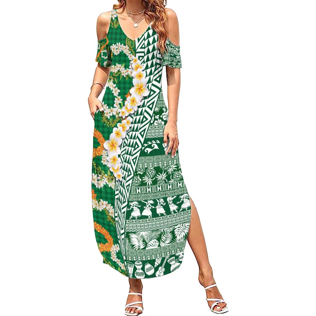 Hawaiian Plumeria Lei Summer Maxi Dress Kakau Motifs and Palaka Half Style Green Color - Polynesian Pride